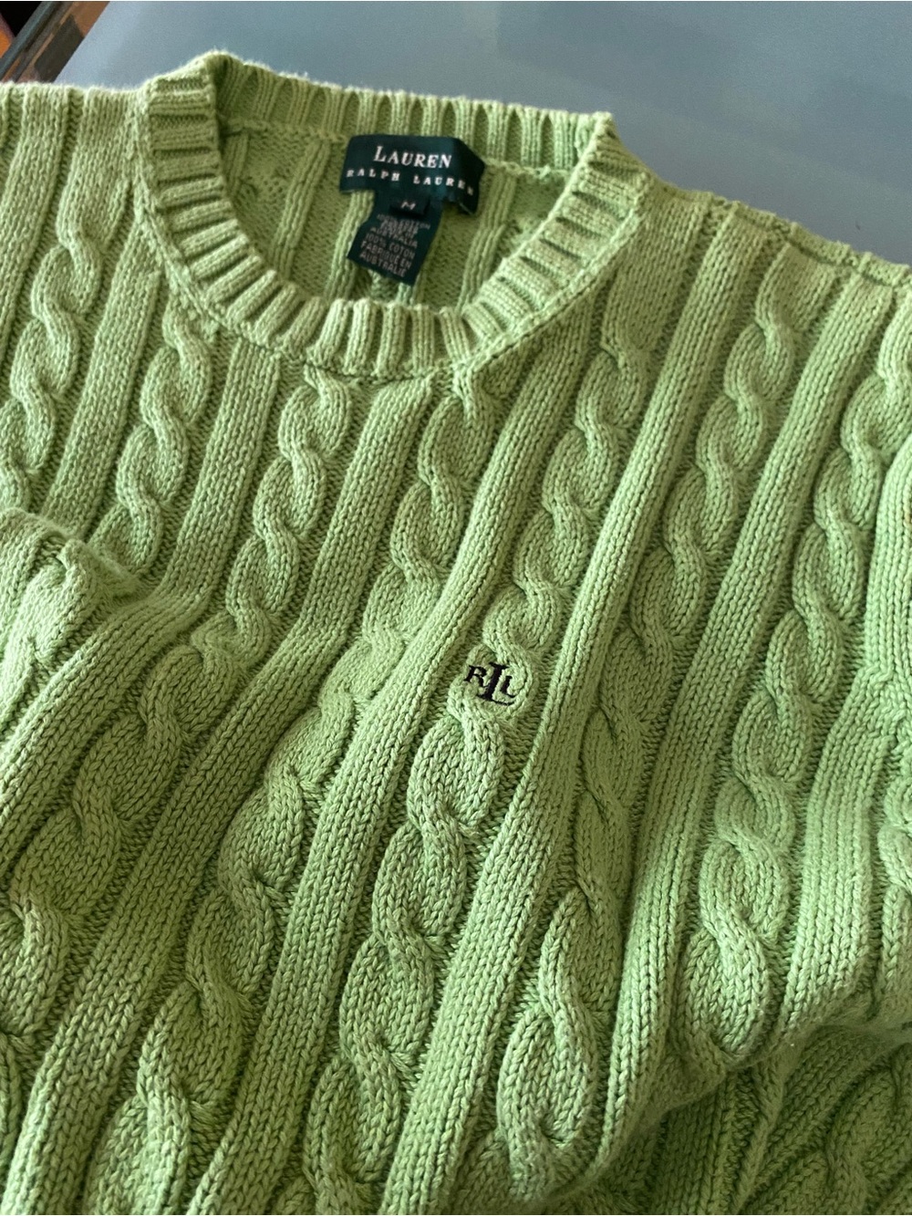 Women’s Lauren Ralph Lauren Light Green Cable Knit Crewneck Sweater - Picture 2 of 7